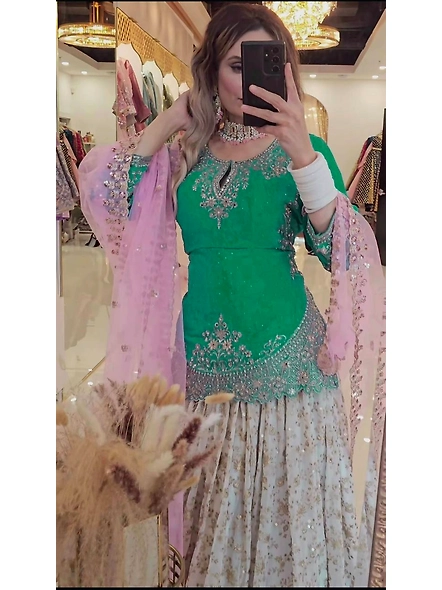 Green Chinon Silk Lehenga for Celebrations