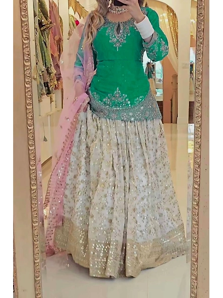Green Chinon Silk Lehenga for Celebrations