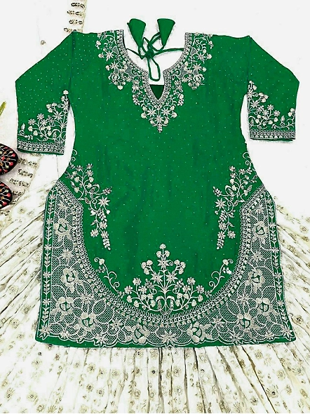 Green Chinon Silk Lehenga for Celebrations
