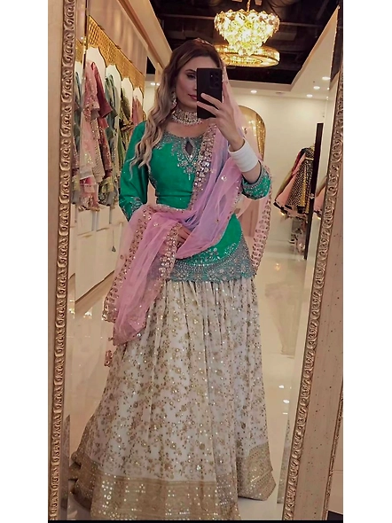 Green Chinon Silk Lehenga for Celebrations