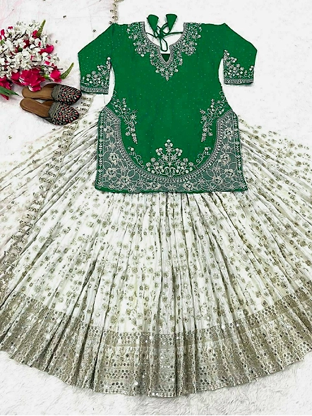 Green Chinon Silk Lehenga for Celebrations