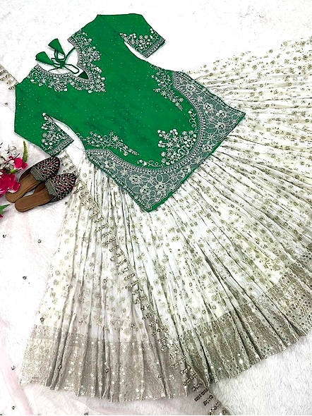Green Chinon Silk Lehenga for Celebrations