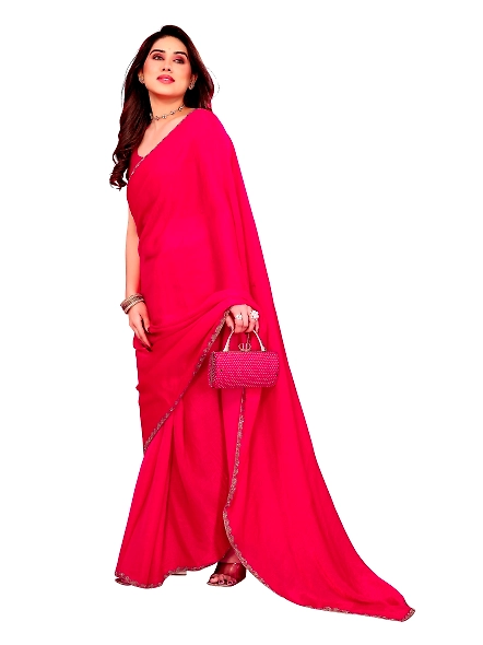 Pink chiffon saree with border