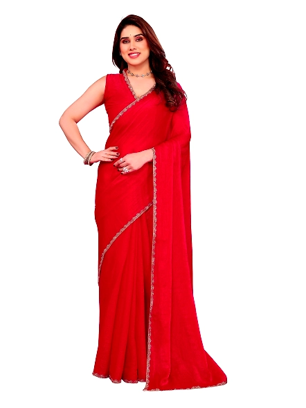 Red solid chiffon saree