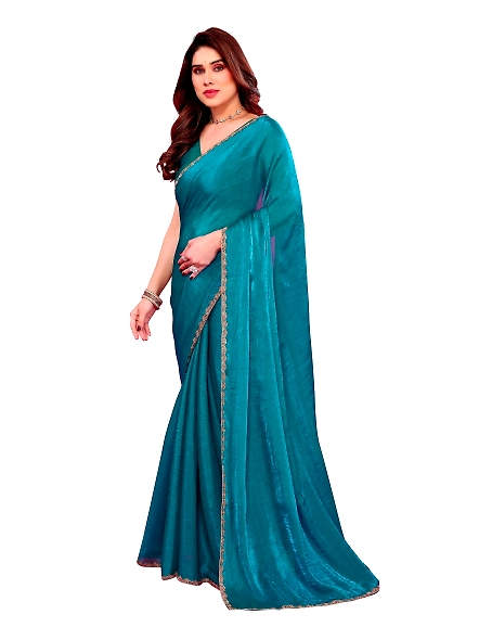 Teal solid chiffon saree
