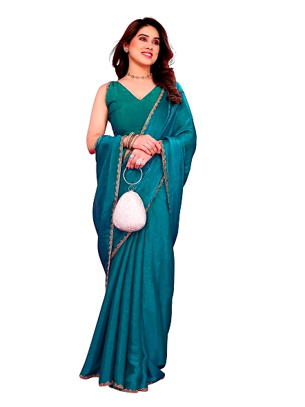 Teal chiffon saree with border