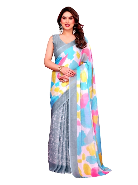 Grey multicoloured chiffon saree