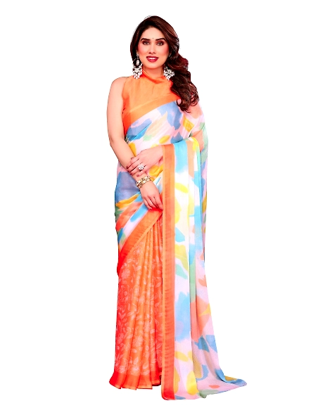 Orange multicoloured chiffon saree