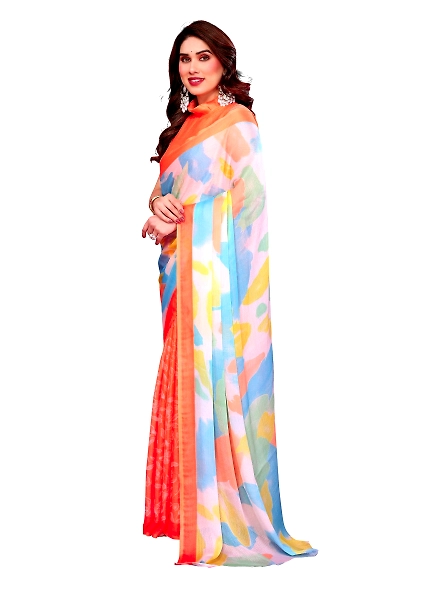 Orange printed chiffon saree