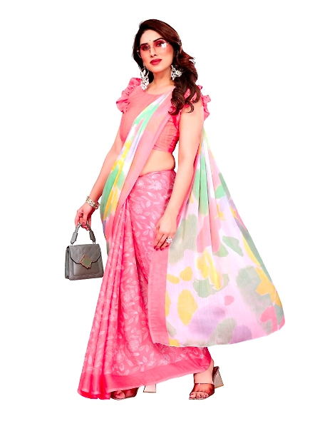 Peach printed chiffon saree