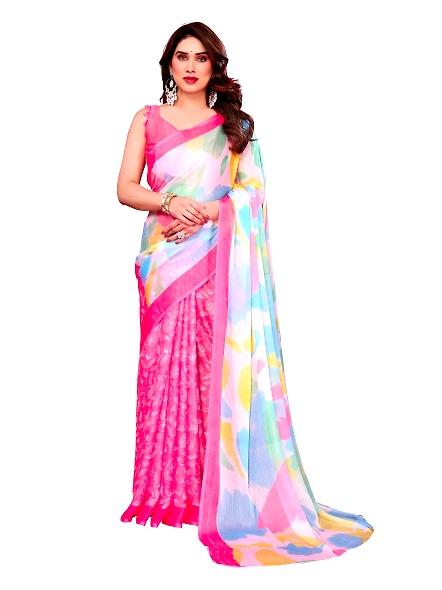 Pink multicoloured chiffon saree