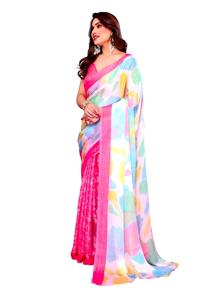 Pink printed chiffon saree