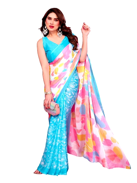 Cyan multicoloured chiffon saree