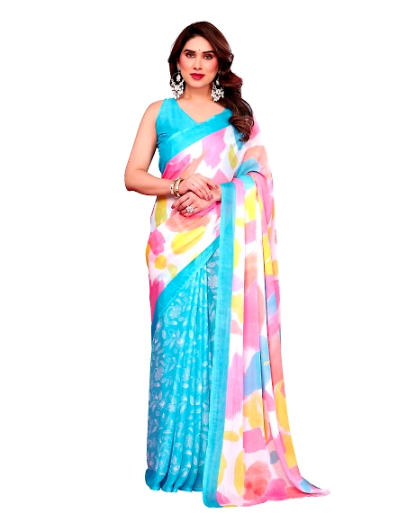 Cyan printed chiffon saree