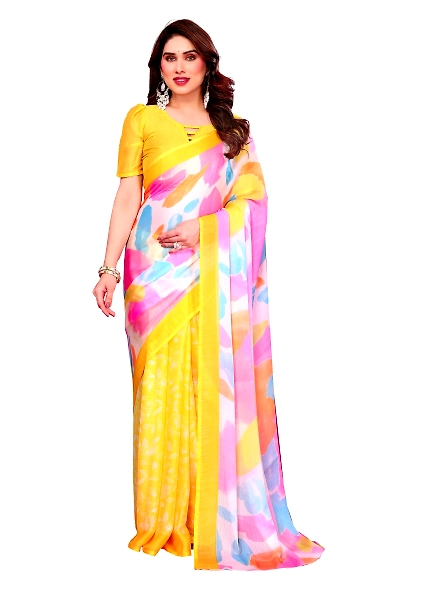 Yellow multicoloured chiffon saree