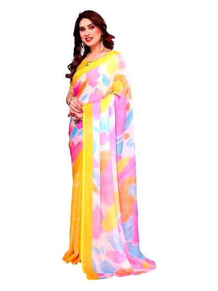 Yellow printed chiffon saree