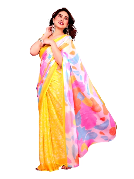 Yellow chiffon saree for women