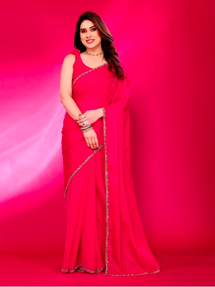 Pink solid chiffon saree