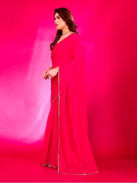 Pink chiffon saree with border