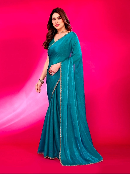 Teal solid chiffon saree
