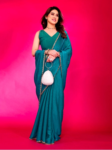Teal chiffon saree with border