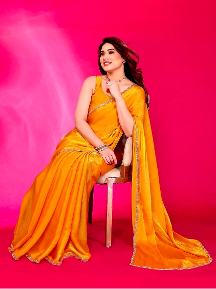 Yellow party wear chiffon saree