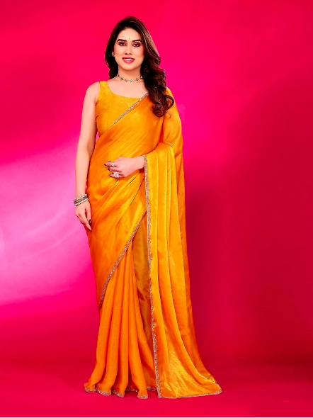 Yellow solid chiffon saree