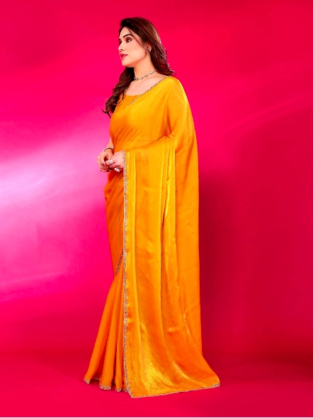 Yellow chiffon saree with border