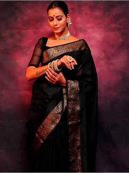 Black Zari contrast border saree