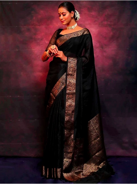 Black Plain silk saree