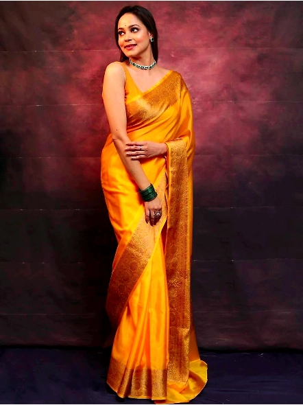 Yellow Plain silk saree