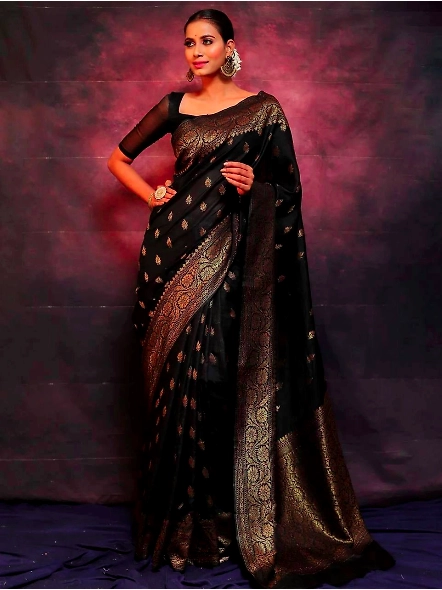 Black Zari contrast border saree