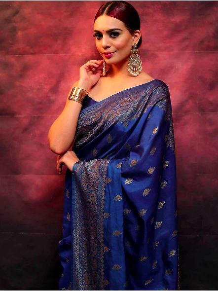 Blue Zari contrast border saree