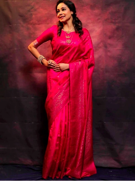 Pink Zari contrast border saree