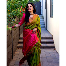 kinjal textiles green pink lichi silk saree blouse