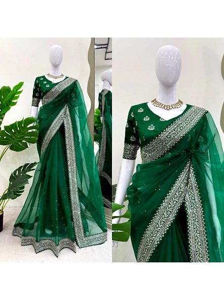 Green organza saree for women