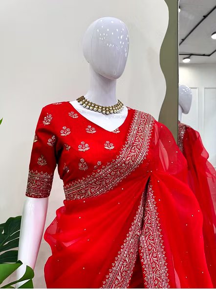 Red party wear organza saree