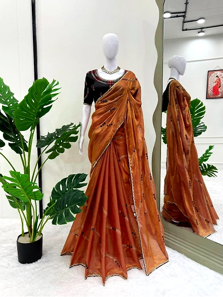 Fendy Silk Thread With Sequence Work Saree-Brown-1