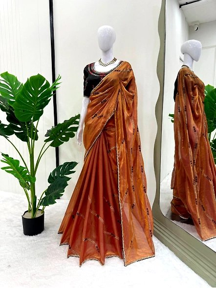 Fendy Silk Thread With Sequence Work Saree-Brown-2