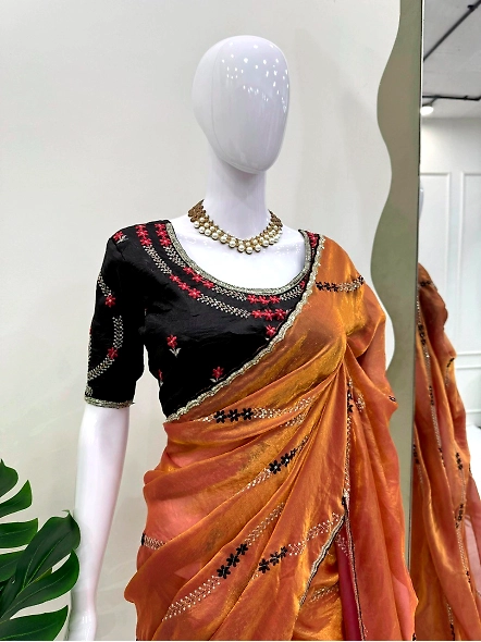 Fendy Silk Thread With Sequence Work Saree-Brown-3