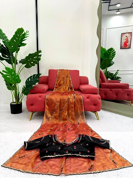 Fendy Silk Thread With Sequence Work Saree-Brown-5