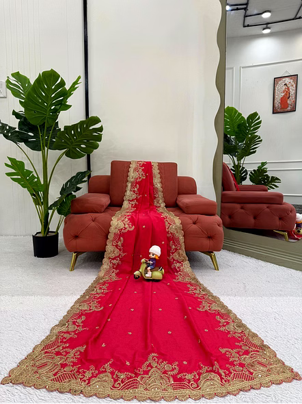 Luxurious Red Vichitra Silk Saree-Red-7