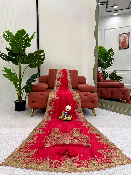 Luxurious Red Vichitra Silk Saree-Red-6