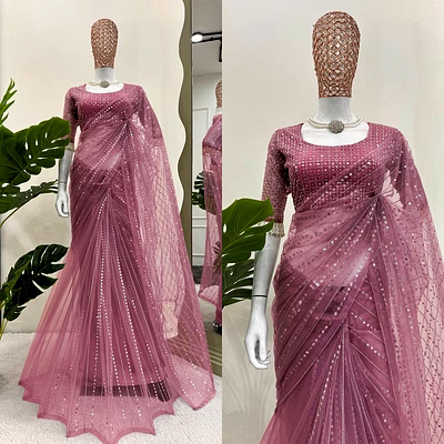 kinjal textiles pink net saree for weddings