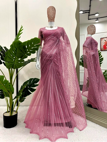 designer pink net saree