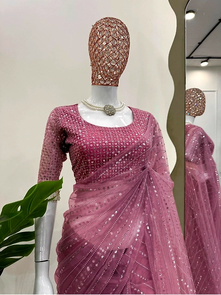 embroidered net saree