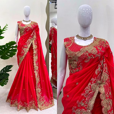kinjal textiles luxurious red vichitra silk saree