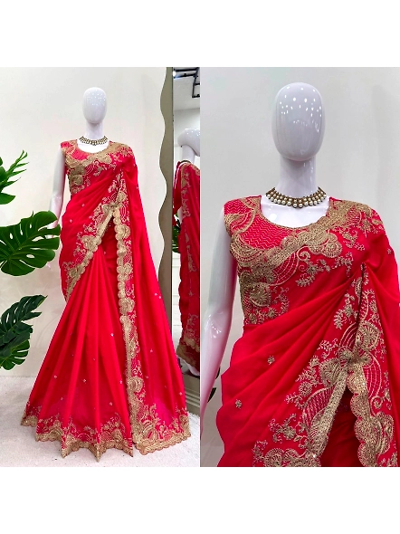 red Vichitra silk saree