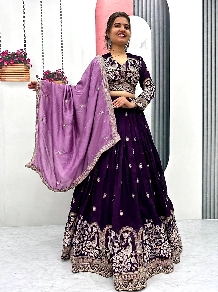 purple vichitra silk lehenga