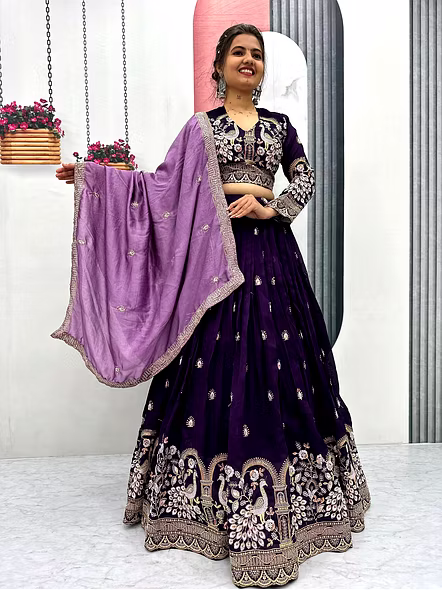 purple vichitra silk lehenga